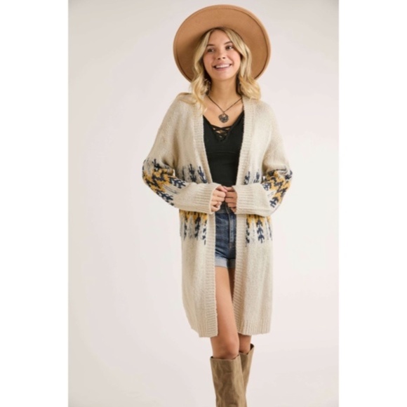 Ivory Mustard Tribal Pattern Puff Sleeve Knit Cardigan Sweater Fall Winter - Picture 3 of 7